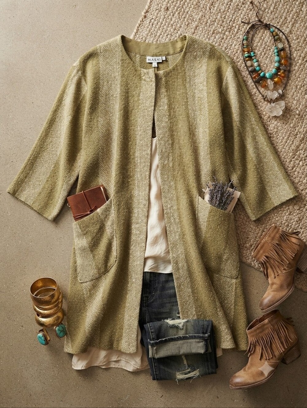 MASAI Janette Sage Green Boucle Jacket Stripe Pockets Long Cardigan
